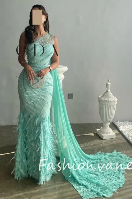 Fashionvane 2024 Customized Mermaid One Shoulder Shiny Pleated Pearls Feathers Women Prom Dresses Sexy Party Gown Evening Dress 1