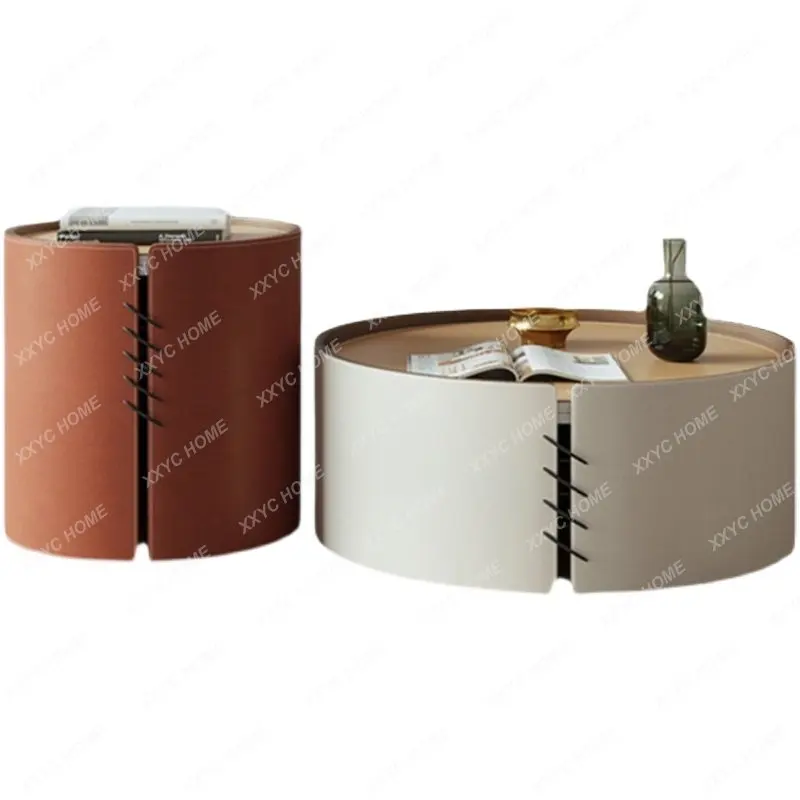 

Coffee Table Simple round High and Low Combination Small Apartment Saddle Leather Living Room Coffee Table Creative Side Table