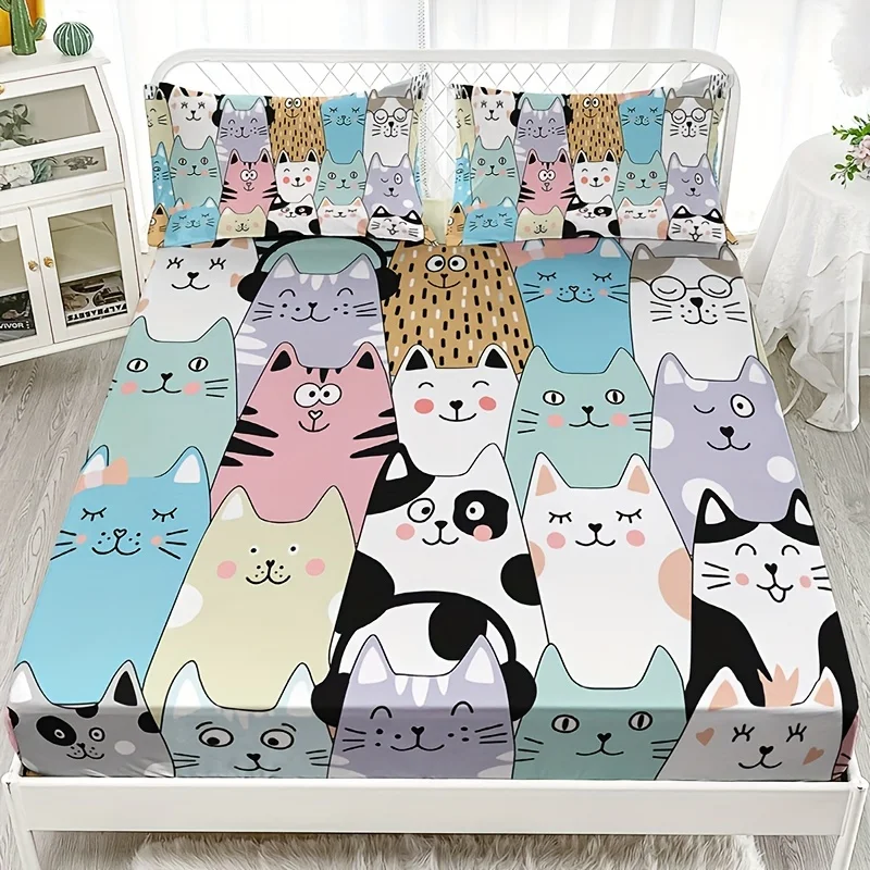 Cartoon Cat Print Fitted Sheet Set Non-slip Dustproof Mattress Cover Soft Comfortable Breathable Bedding Set For Bedroom 5
