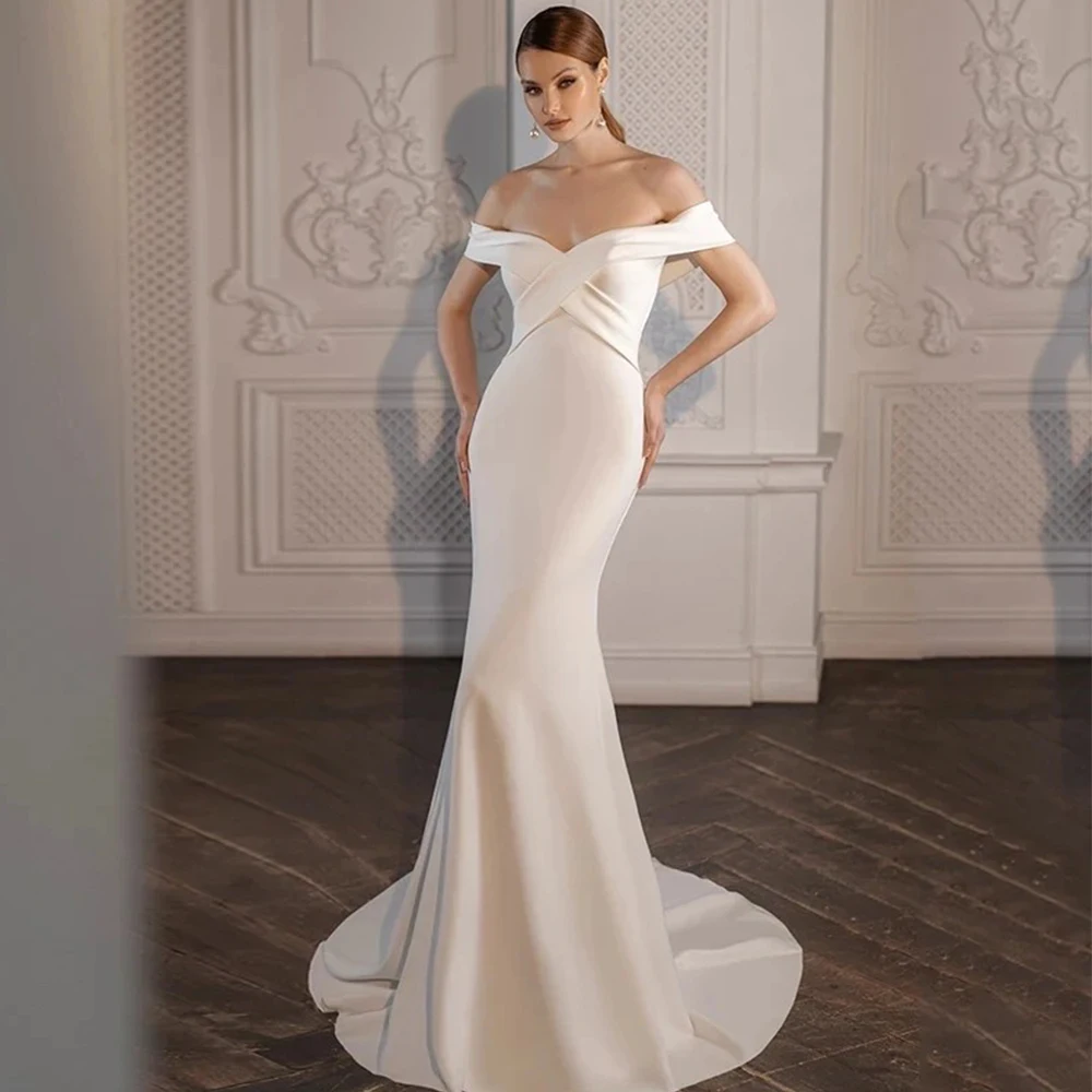 

Simple V-Neck Off the Shoulder Wedding Dress with Pleat Mermaid Floor Length Sexy Open Back Bride Zipper Gowns for Marriage