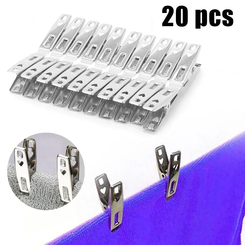20Pcs Cloth Clip Laundry Clip Spring Clothes Pegs Stainless Steel Rust-resistant  Washable Waterproof For Clothes Bed Linen
