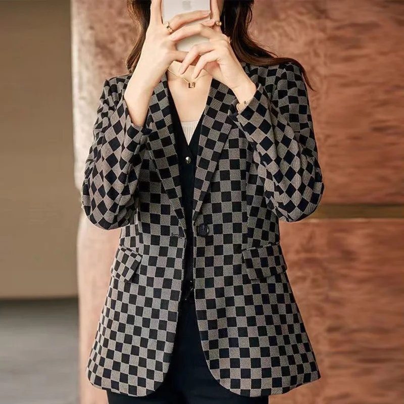 Fashion Lapel Button Spliced All-match Lattice Blazer Women's Clothing 2023 Autumn New Oversized Casual Tops Office Lady Blazers