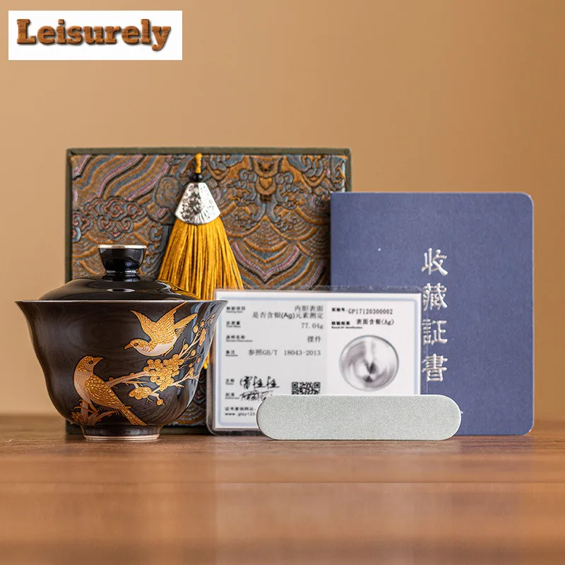 110ml High End 999 Silver Gilded Gaiwan Retro Pearl Glazed Flower And Bird Tea Tureen Tea Making Cover Bowl Drinkware Collection