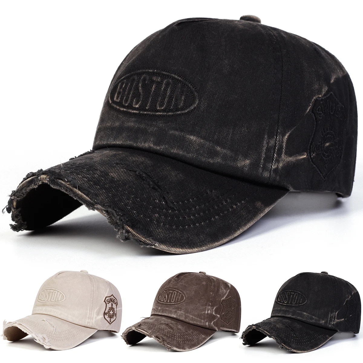 Unisex BOSTON Hole Washed Baseball Caps mit Stickerei – Frühling & Herbst Outdoor Verstellbare Freizeitkappen Sonnenschutz Sportmützen