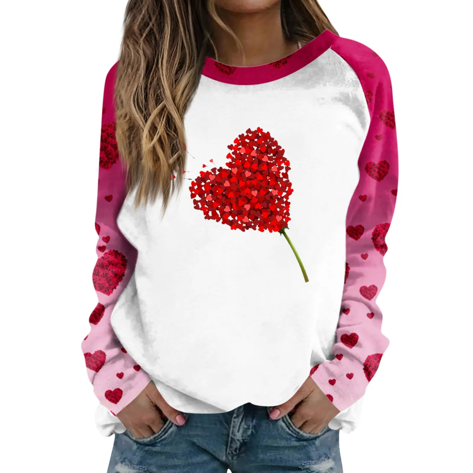 

Women'S Valentine'S Day Love Print Pullovers Casual Round Neck Long Sleeve Tee Shirt Raglan Sleeve Gradient Sweatshirt Top