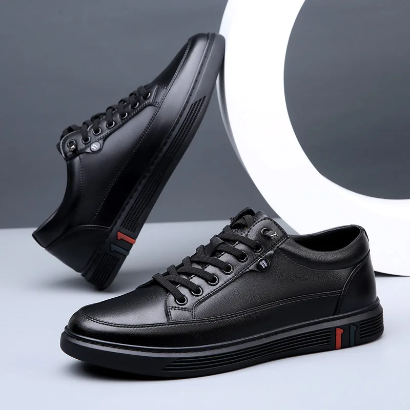 New Shoes for Men Genuine Leather Casual Shoes Spring Autumn Cool Black Flat Skateboard Shoes Youth Fashion Slip-on Sneakers 4