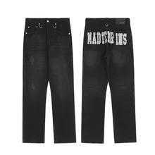 

2022 Spring New Washmill Worn-out Holes Trend High Street Printing Long Pants Casual Straight Streetwear Men's Jeans