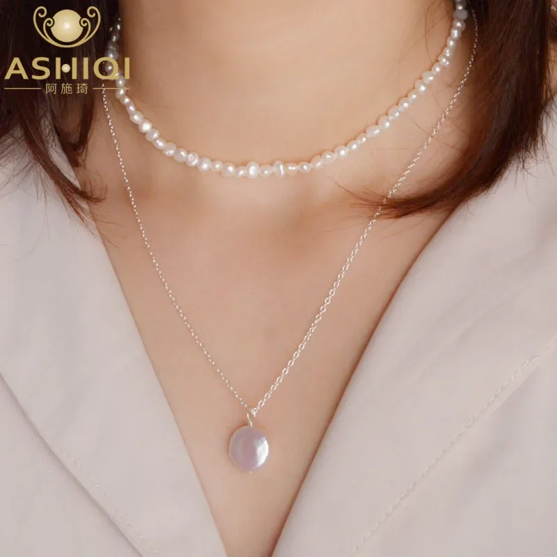 

ASHIQI Natural Baroque Pearl 925 Sterling Silver choker Necklace fashion Multi Layer Freshwater pearl coin Pendant for womam