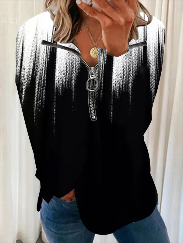 

Plus Size Women's V-neck Long Sleeve Black Gradient Printed Top