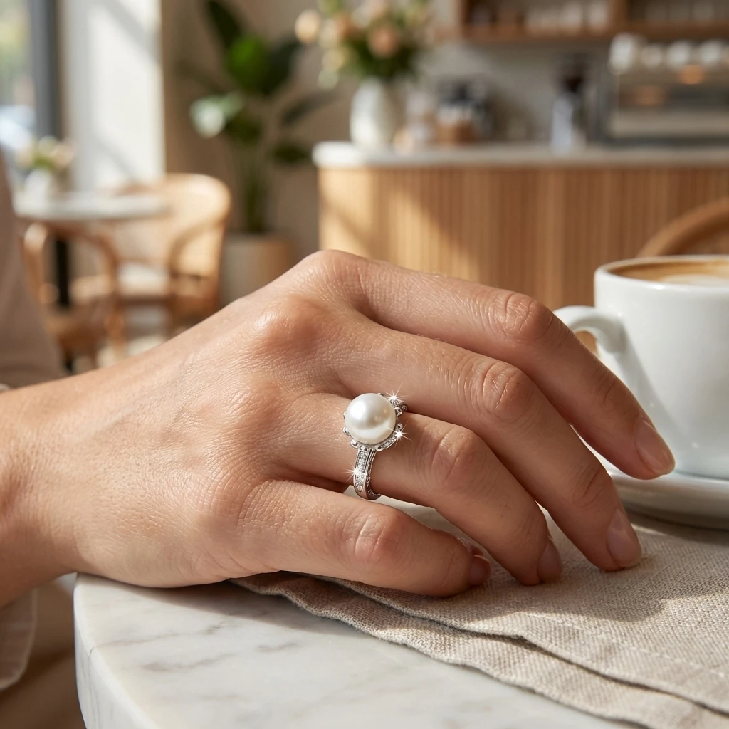 Vintage Eleganter Imitationsperlen-Messingring für Damen Minimalistischer Glänzender Halo-Fingerring mit Kubischem Zirkonia Schmuck Old Money Accessoires – Detail 4