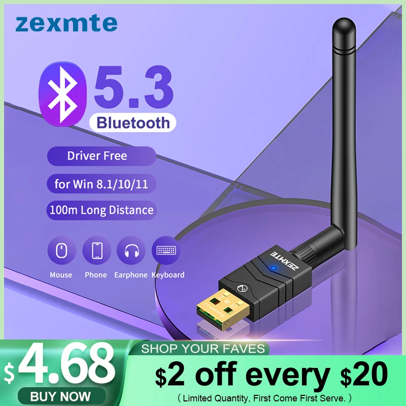 Zexmte 100M Bluetooth 5.3 Adapter darmowy sterownik USB wtyczka