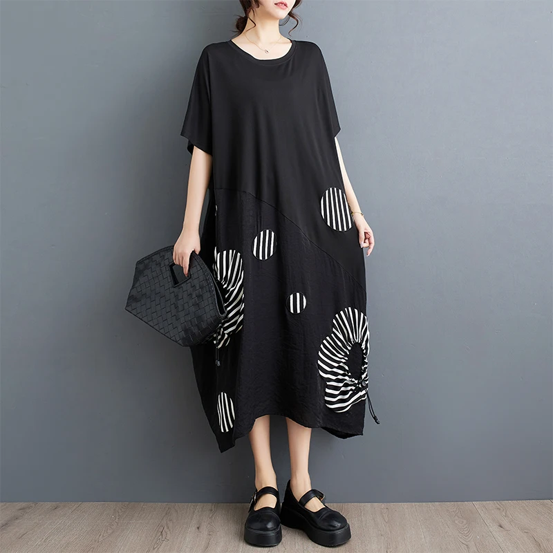 

Korea Style Patchwork Striped Print Chic Girl's Loose Oversize Summer Dress For Women Travel Casual Dress Vestidos Robe Elbise
