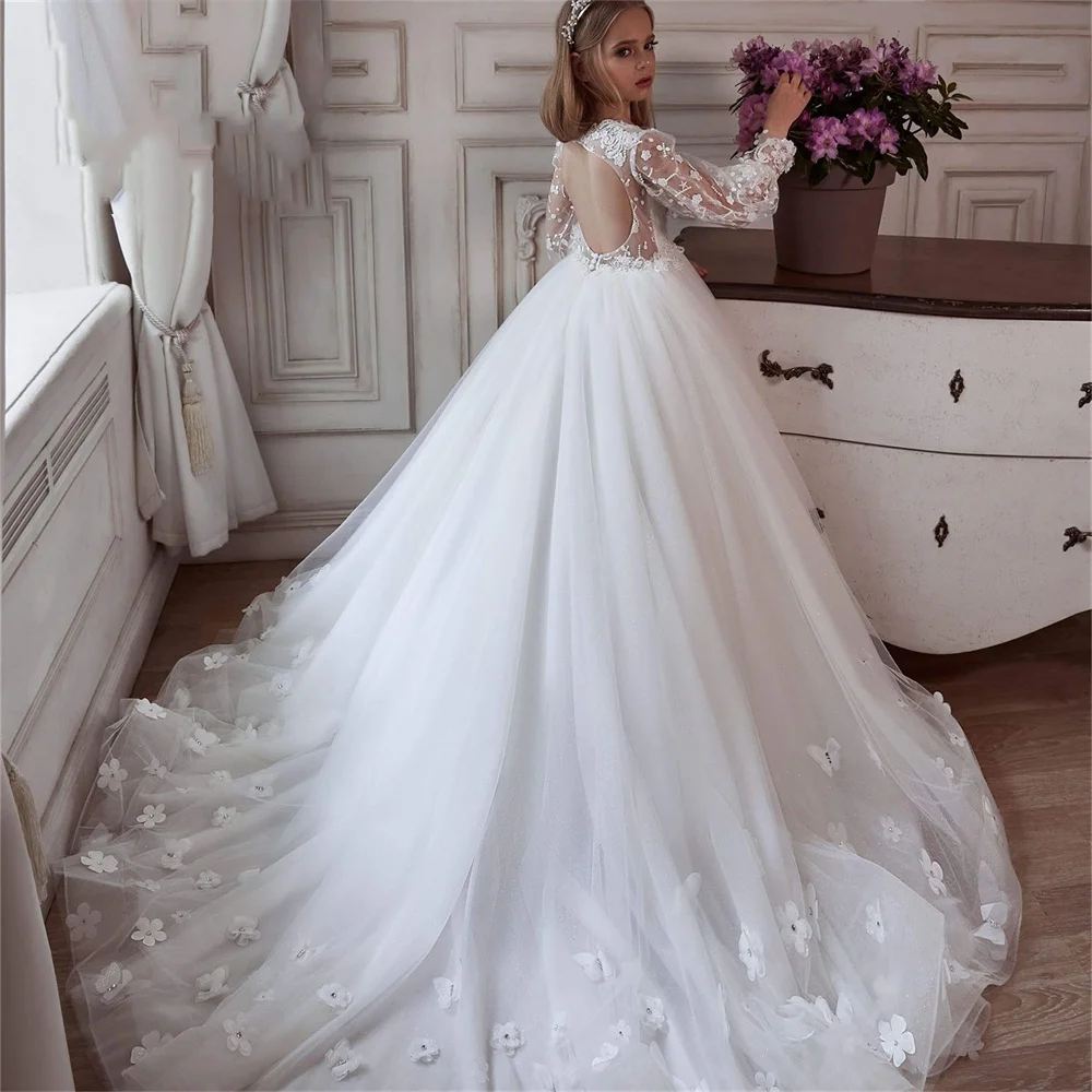

Glistening Long Sleeves Flower Girl Dresses Beaded Appliques Court Train Tulle Kids First Communion Dress Baptism Pageant Gowns