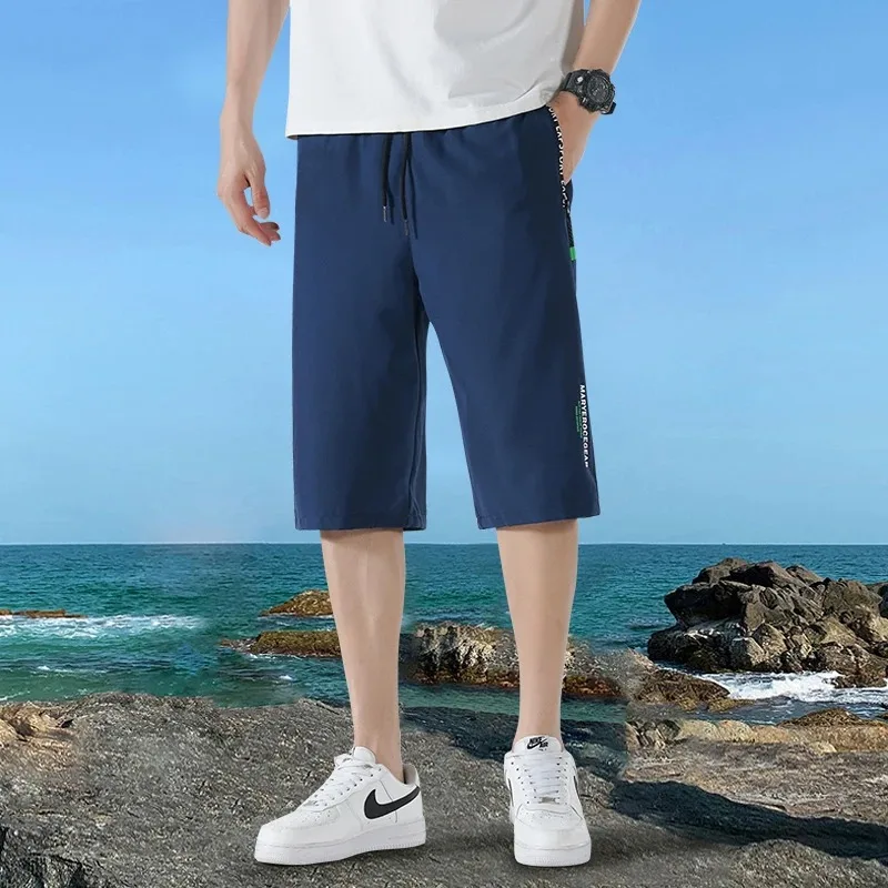 Summer Men's Letter Zipper Pockets Bandage High Waist Solid Elastic Casual Sports Loose Trousers Preppy Style Office Lady Shorts