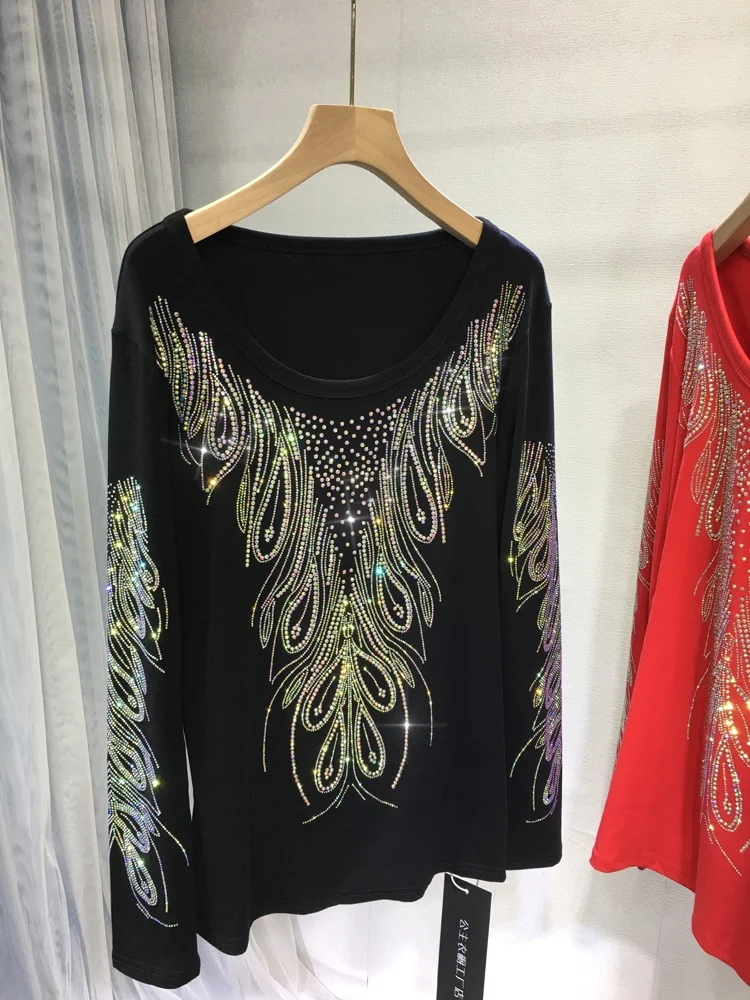 

Luxury Shiny Hot Drilling Women Basic Shirt Autumn Winter Long Sleeve Cotton Tshirt O-neck Diamonds Loose Pullover Top 2023