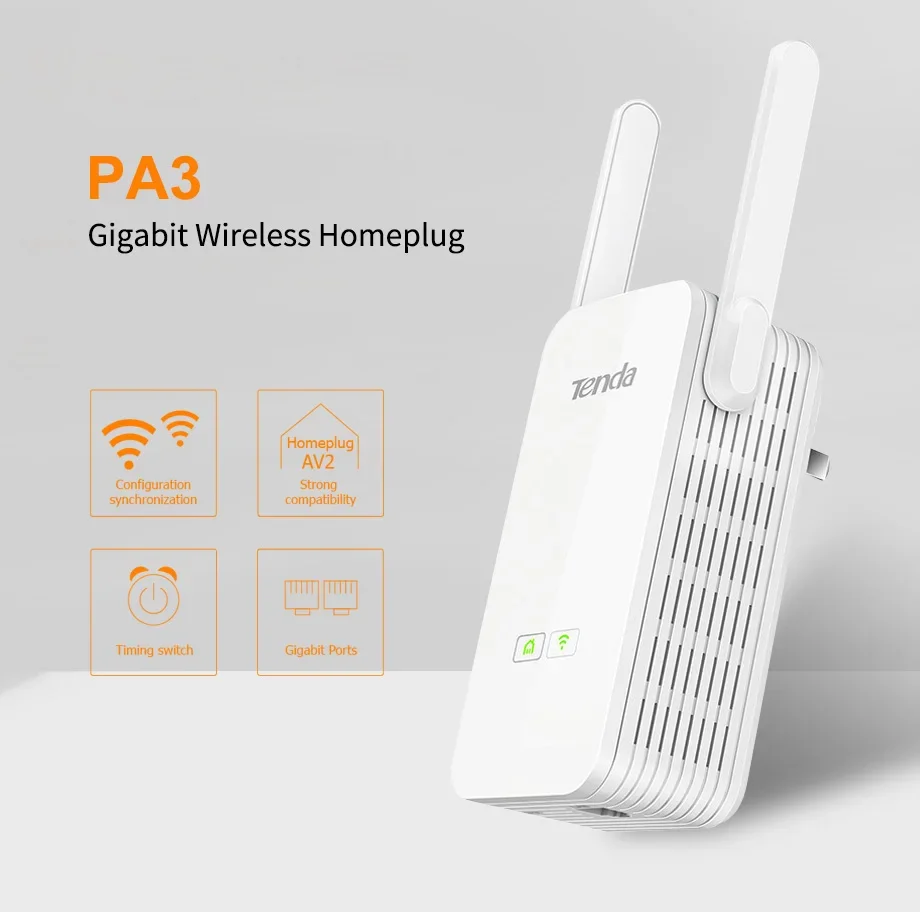 1 Pz Tenda Pa3 1000Mbps Powerline Av1000 Wifi Power Line Extender Porta Gigabit Wirless Wi-Fi Extendor Firmware Cinese