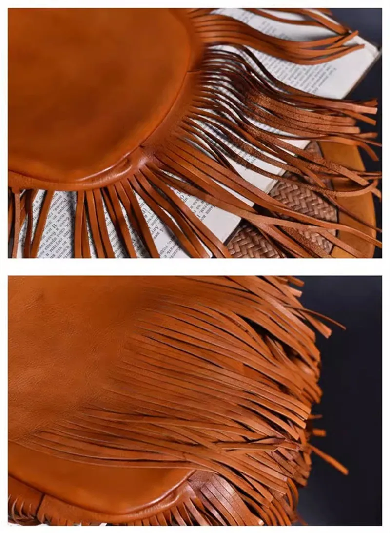 Fashion luxury designer top cowhide ladies tassel bag outdoor work shopping brown genuine leather girl shoulder crossbody bag