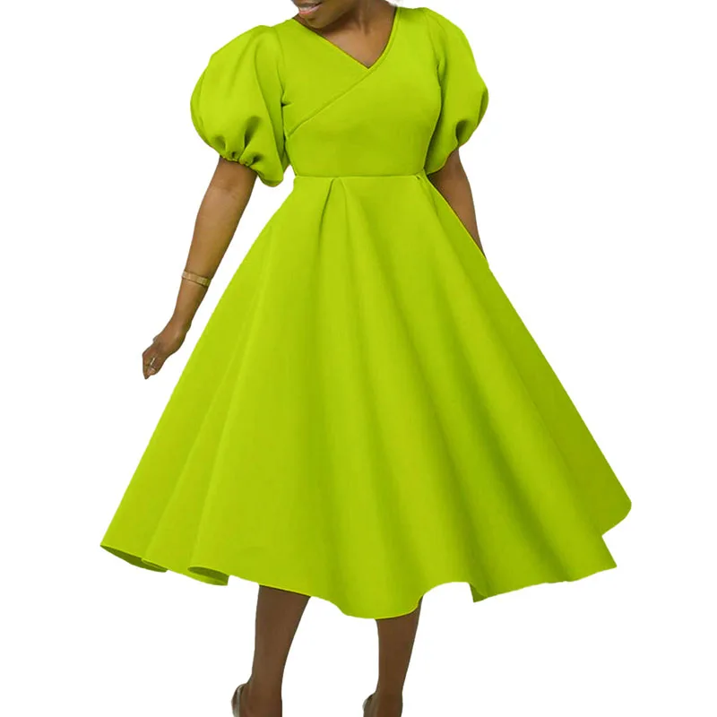 

African Pleated Dresses for Women 2023 Elegant V Neck Puff Sleeve Prom Midi Robe African Fit and Flare Formal A Line Party Dress