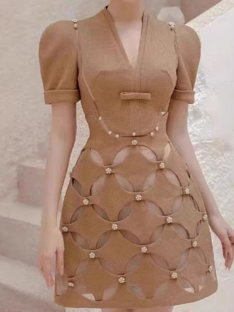 

Женское однотонное платье в стиле бохо, элегантное привлекательное винтажное платье с сетчатым кружевом, коротким рукавом и вышивкой, модель 2024 года, женские платья-трапеции