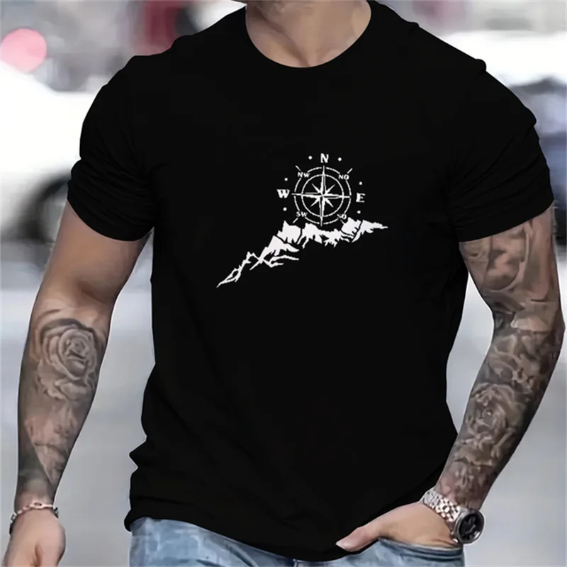 2024 New Men's T-shirt Compass Printed Comfortable and Breathable Pullover Summer Fashion Sports Leisure O-Neck Short Sleeve Top