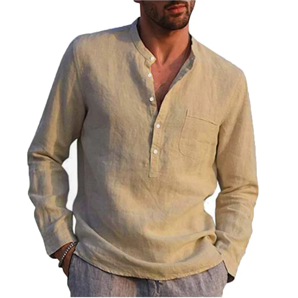 Cotton Linen Men's Long-Sleeved Shirts Summer Solid Color Stand-Up Collar Casual Beach Style Plus Size linen shirt cotton shirt