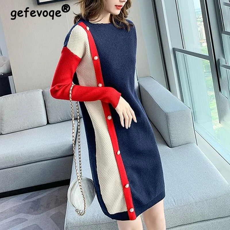 

Sexy Elegant Chic Beads Contrast Color Street Basic Knitted Sweater Dresses for Women Casual O Neck Long Sleeve Slim Mini Dress