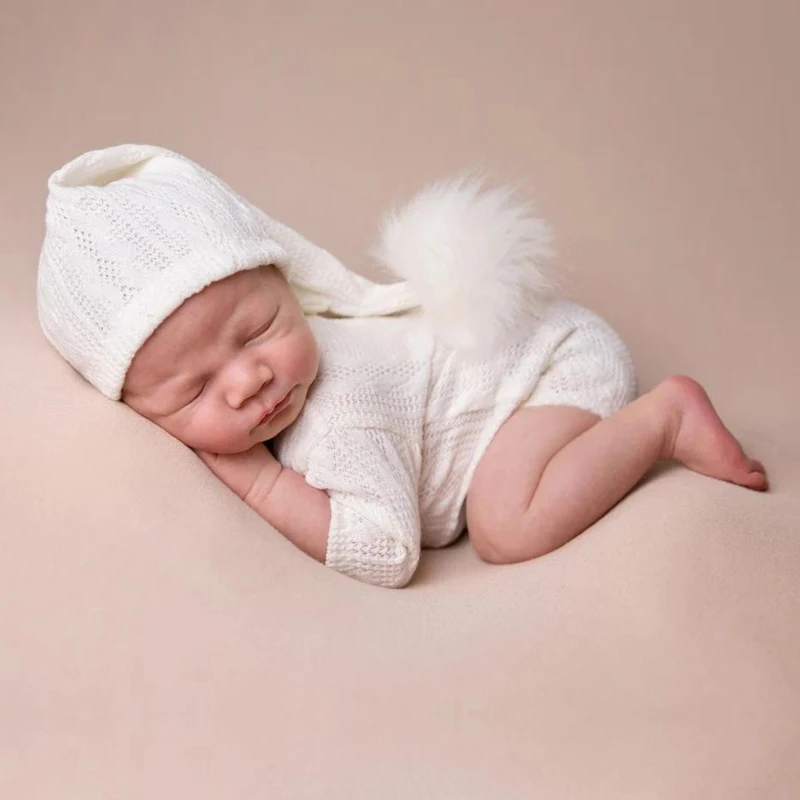Newborn fotografia adereços traje de malha algodão mangas compridas bebê macacão + cauda longa chapéu conjunto crochê bebê macacão roupa de natal