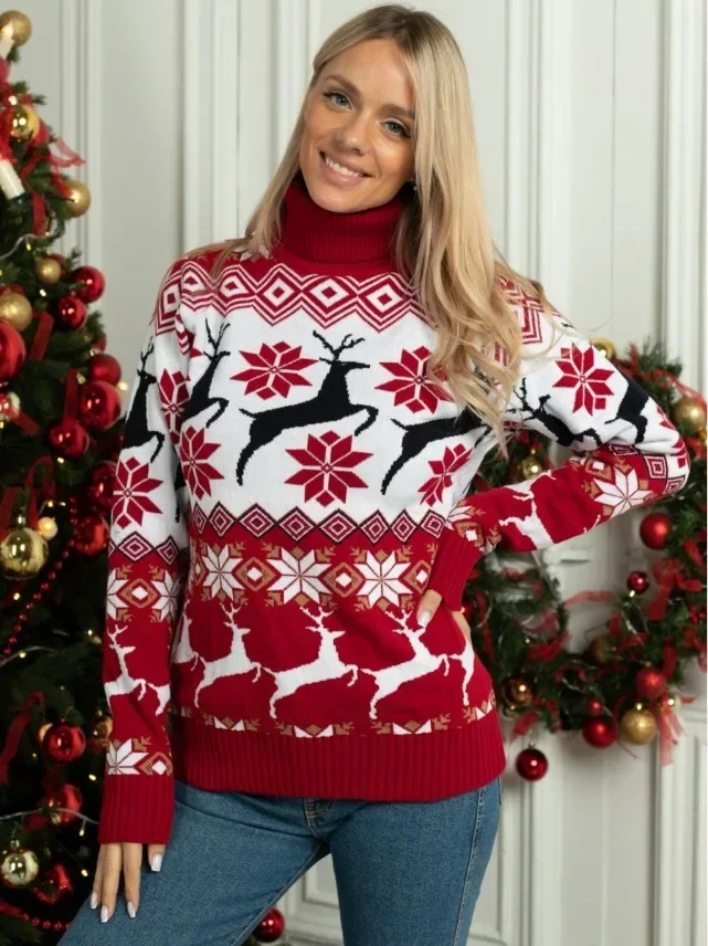 2024 Winter Christmas Women Men Couples Matching Knitting Sweater Warm Thicken Jacquard Knitwear Turtleneck Soft Pullover Jumper