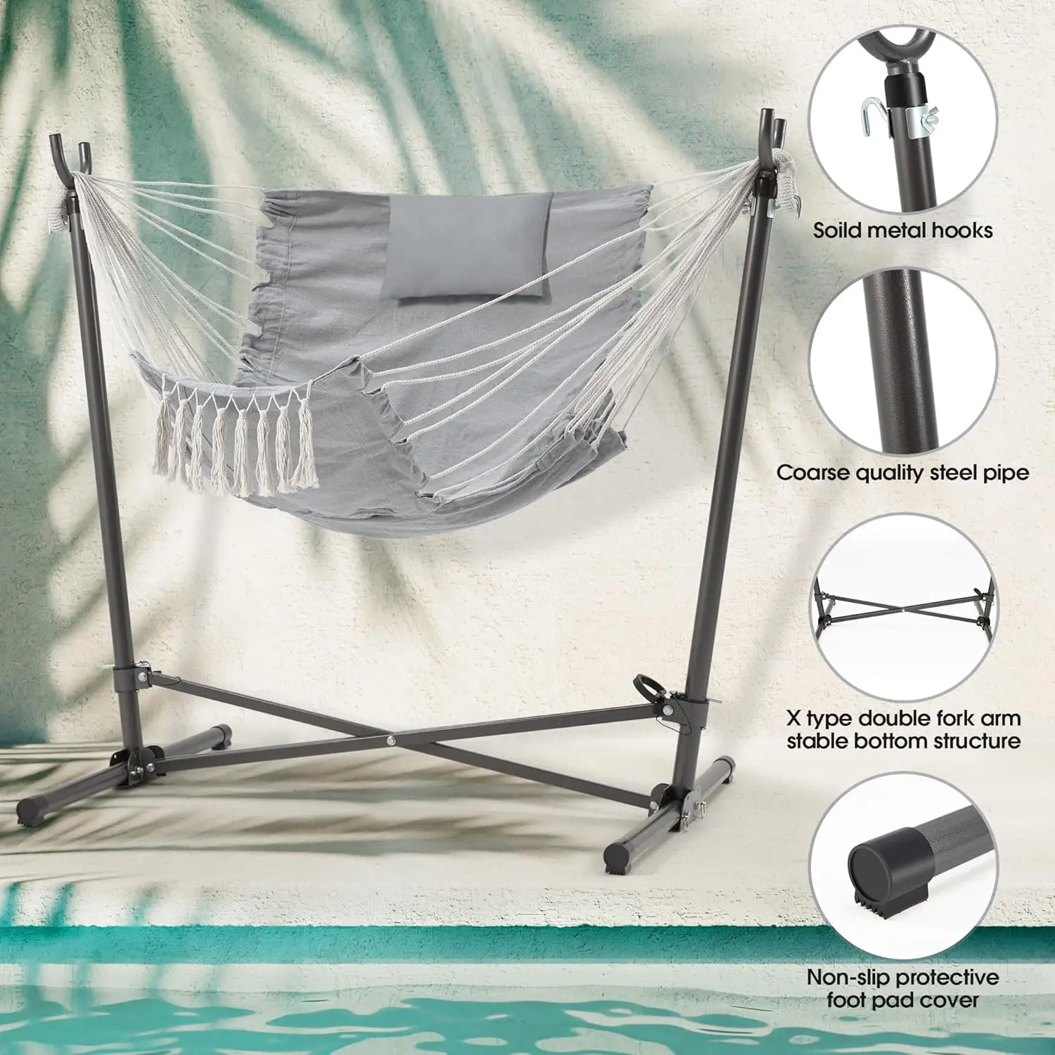 Hammock Chair with Stand. Hanging Chair. Macrame Boho. Adjustable Swing. Headrest & Side Pocket. 450lbs Capacity. Gray.