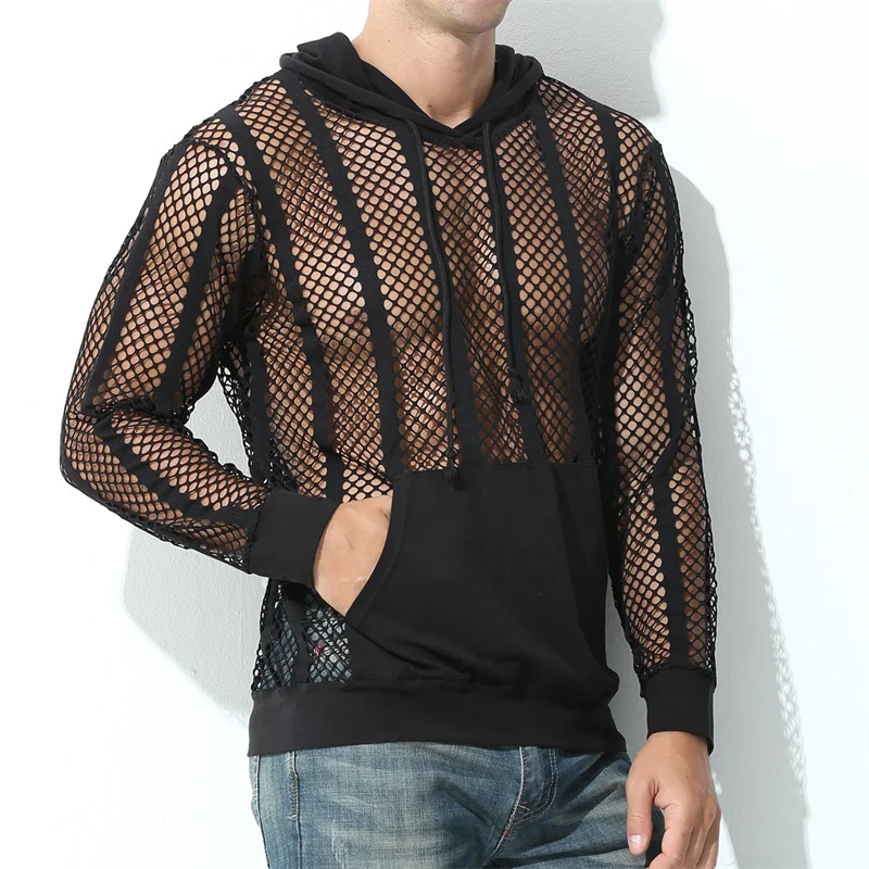 Mens Undershirts Hoodies Sexy Transparent Mesh Shirts Fishnet Hollow Out T Shirts Sport Fitness Nightclub See Through Tees Tops