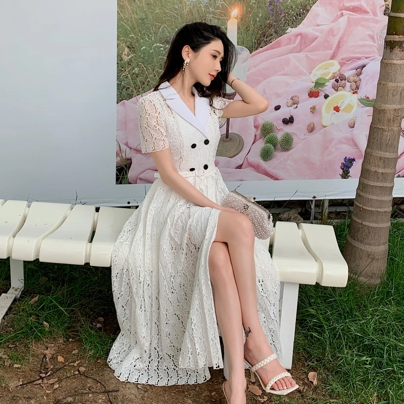 

White Lace Embroidery Pleated Long Summer Dress Women 2023 Runway Designer Elegant Short Sleeve Maxi Dresses with Sashes