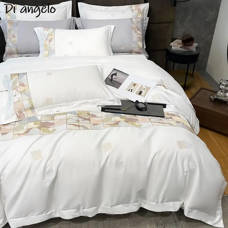 

European Style 100S Egyptian Cotton Luxury White Bedding Set Duvet Cover Pillowcase Flat Sheet Bed Sheets RU Europe Queen King#/