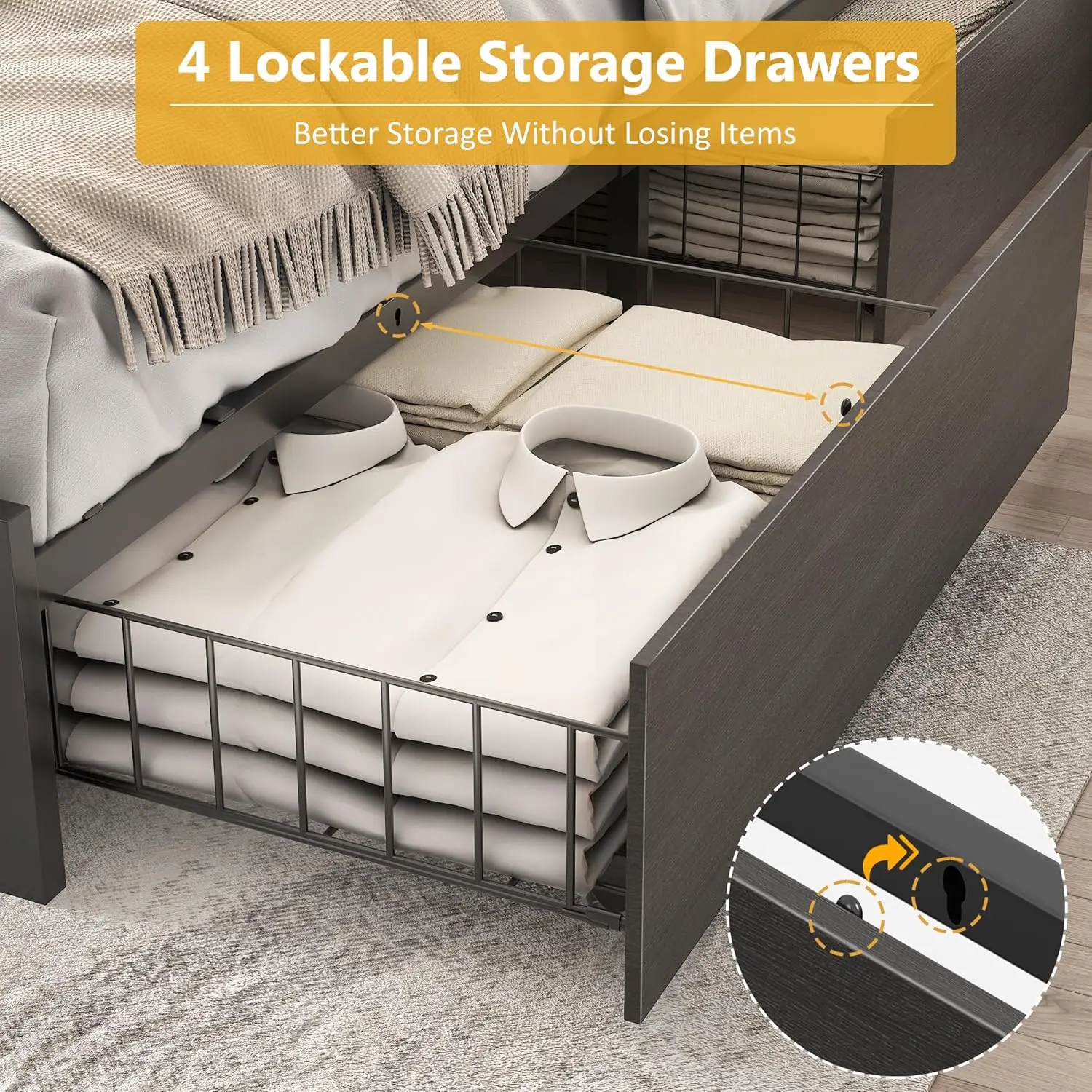 Queen Bed Frame with 2-Tier Storage Headboard, Metal Platform Bed Frame with 4 Storage Drawers, Built in Charging Station & LED