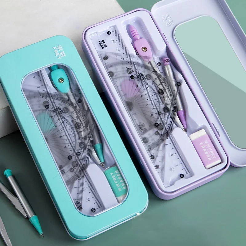 7pcs/box Compass Protractor Ruler Set Specific Ruler for Drafting Drawing Math Tools Kit Triangle Exam Korean Stationery