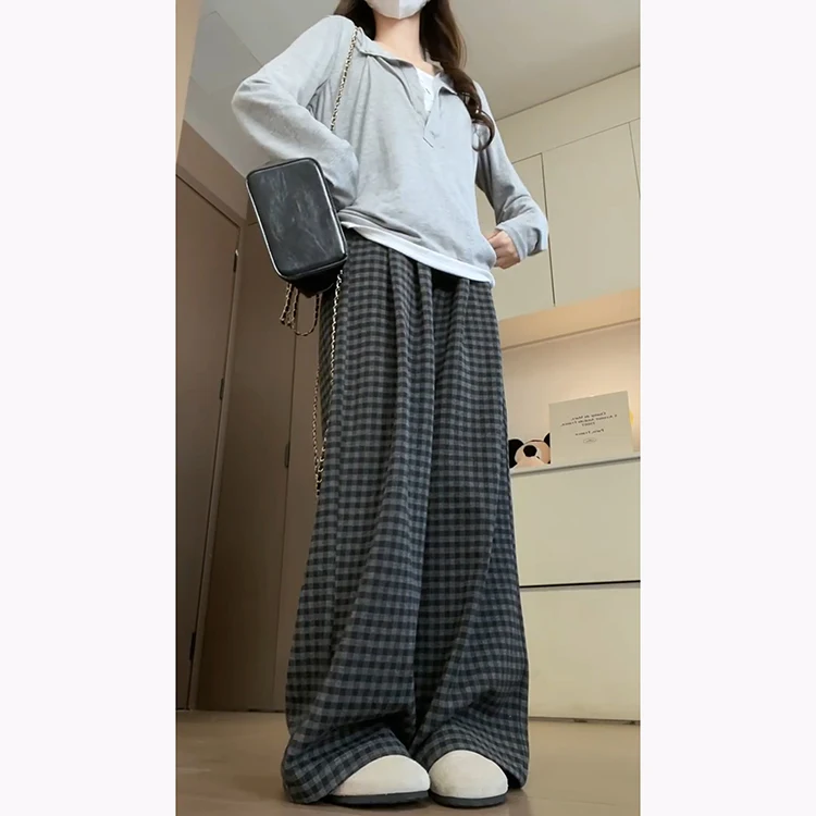 Autumn Winter Plaid Woolen Pants Women's Lazy Straight Leg Drapey Floor-Length Trousers Faionable Slimming High Waist
