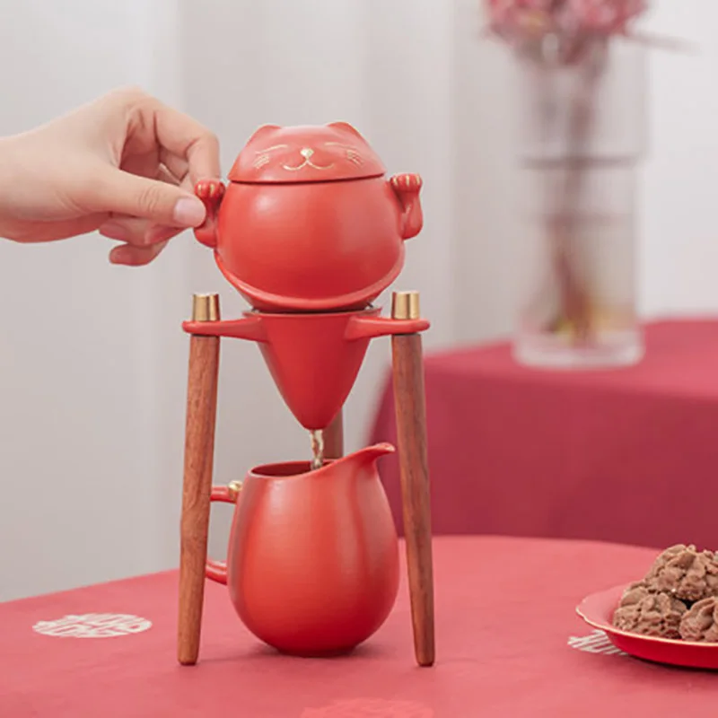 Chinese Ceramic Kungfu Tea Set,Semi-Automatic Teapot with Strainer,Tea Service Set for Wedding, Newlywed Souvenir Gift
