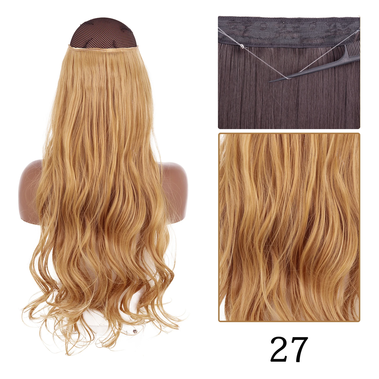 thumbnail image 1 of Extensiones de cabello sintético sin clip AZQUEEN, negro, rubio, largo, liso, con alambre de pescado secreto, postizo resistente al calor para mujer, 1 of 5