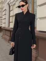 HH femme hiver mode simple boutonnage manches longues taille Long manteau femme col montant poches chaud solide laine manteau 1