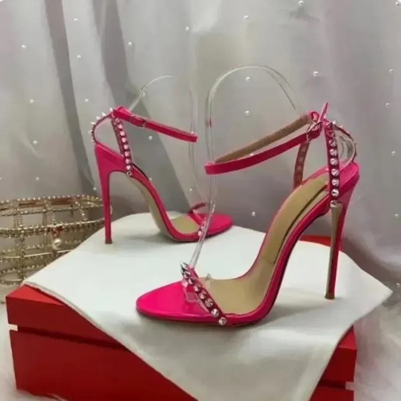 

High Quality Red Bottom Sexy and Charming One-line Buckle Rivet Thin Heel Sandals Female Open Toe Stiletto Shoes 12cm 10cm 8cm