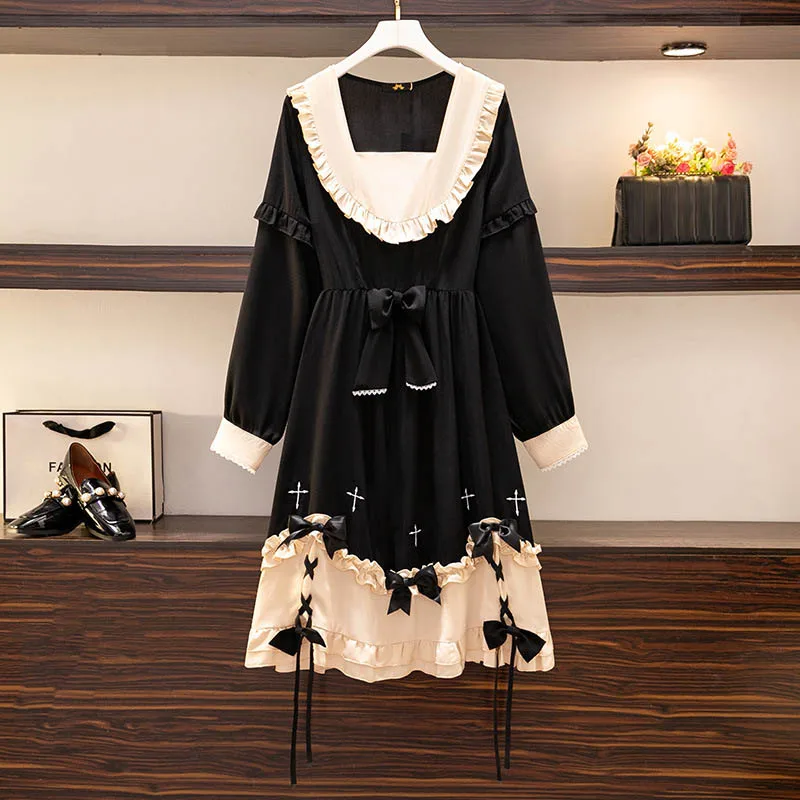 

150Kg Plus Size Women's Bust 150 Spring Autumn New Square Neck Long Sleeve Lolita Style Stitched Dress Black 5XL 6XL 7XL 8XL 9XL