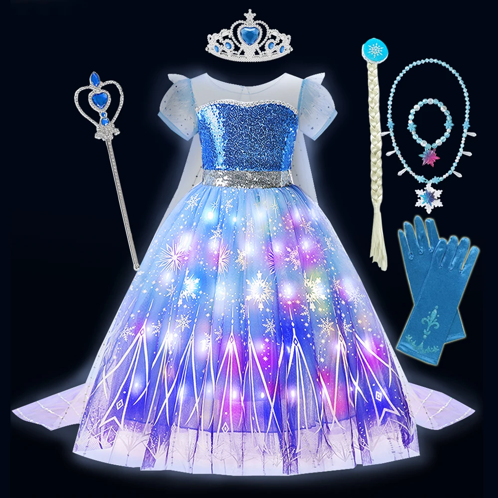 thumbnail image 1 of Disfraz de Elsa de Frozen de Disney para niños y niñas, Reina de la nieve, vestido de fiesta de Carnaval con luz LED, vestidos de lentejuelas de lujo, 2024, 1 of 5
