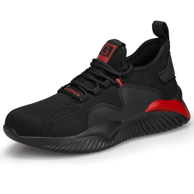 Men Work Safety Shoes Man Safeti Breathable Air Cushion Work Protective Sneakers Anti-Puncture Work Male Steel Toe Safety Boots 2029-black red
