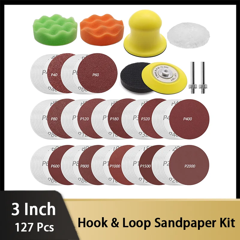 

127Pcs Hook&Loop Sandpaper Kit 3 Inch Assorted 40-2000 Grits with Shank Backing Pad Polishing Pads for Drill Grinder Rotary Tool