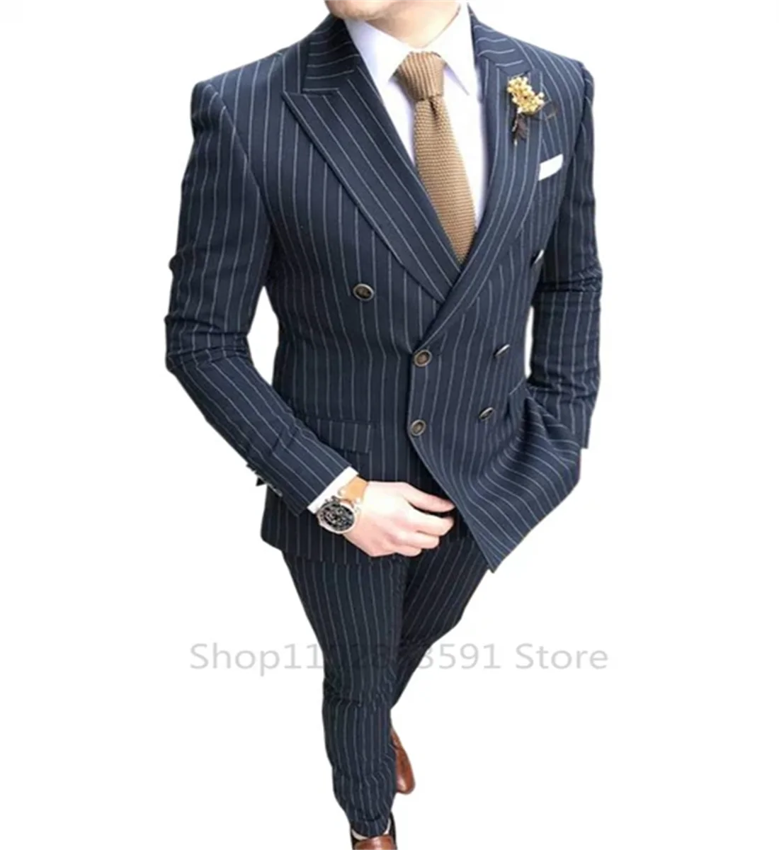 Luxury Men's Striped Wedding Casual Tuxedo Men's British Slim Suit Quality Business Social Club Suit Costume Homme 2 Pieces