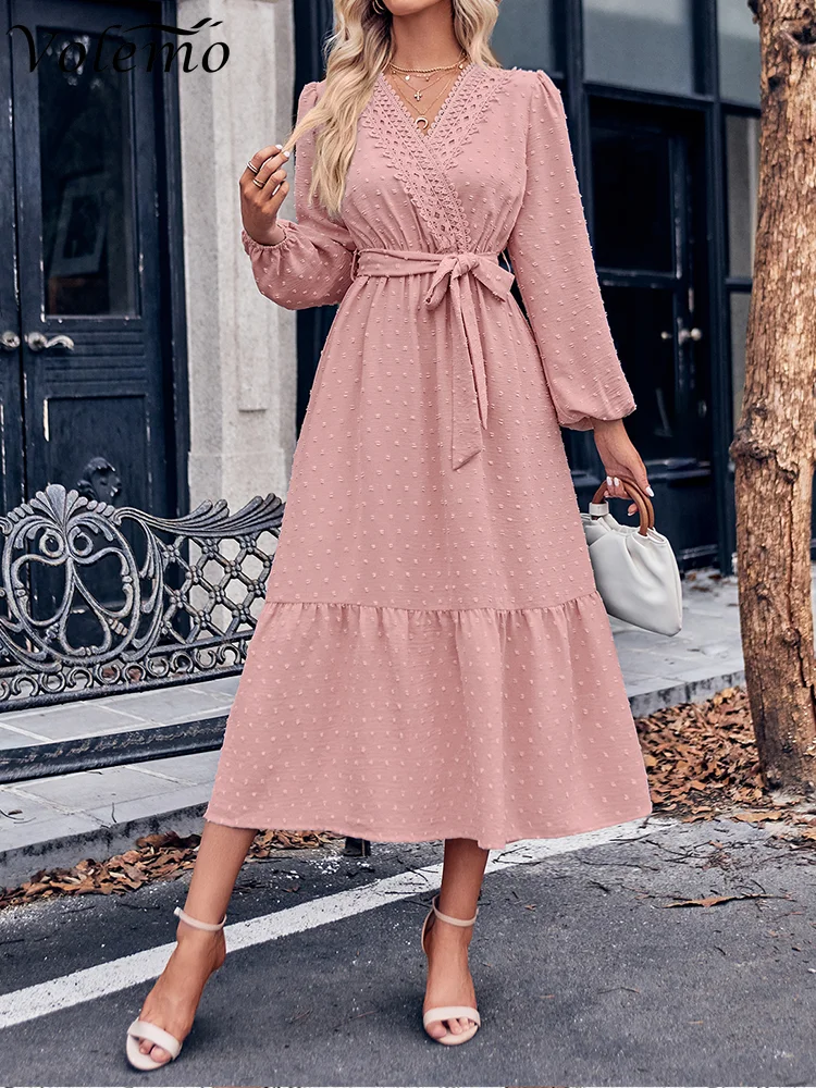 

Women V Neck High Waist Lace Long Dress Sashes Elegant Fashion Long-sleeved Embossed Embroidery Streetwear Dress Spring Summer