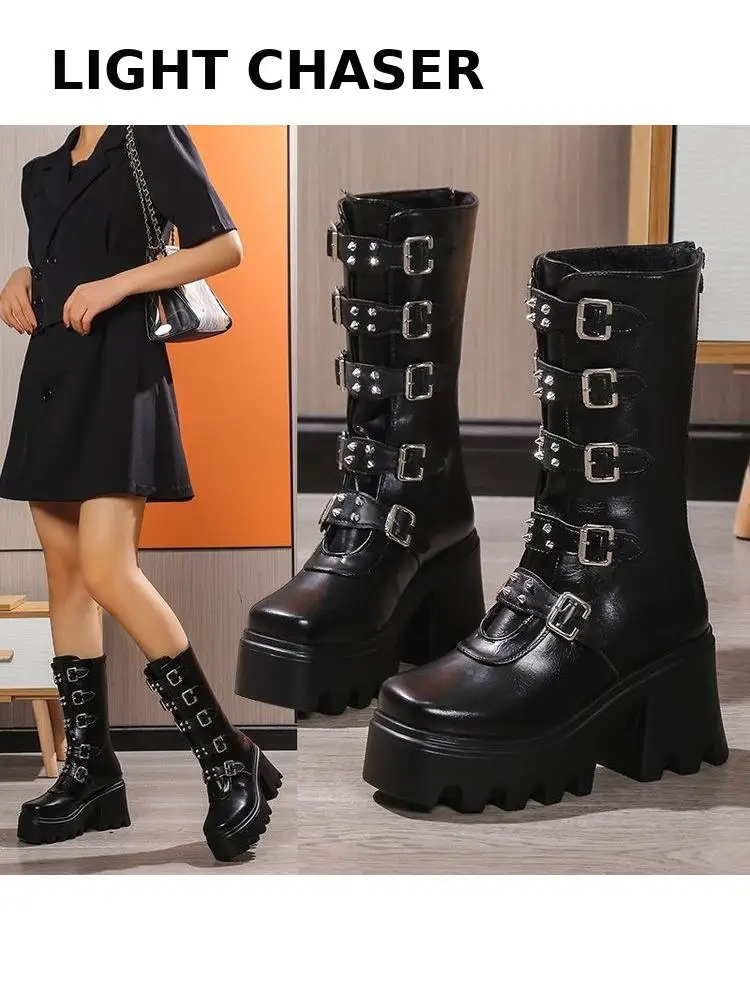 

2023 Autumn Winter Sale Punk Halloween Witch Cosplay Platform High Wedges Heels Black Gothic Calf Boots Women Shoes Big Size 43