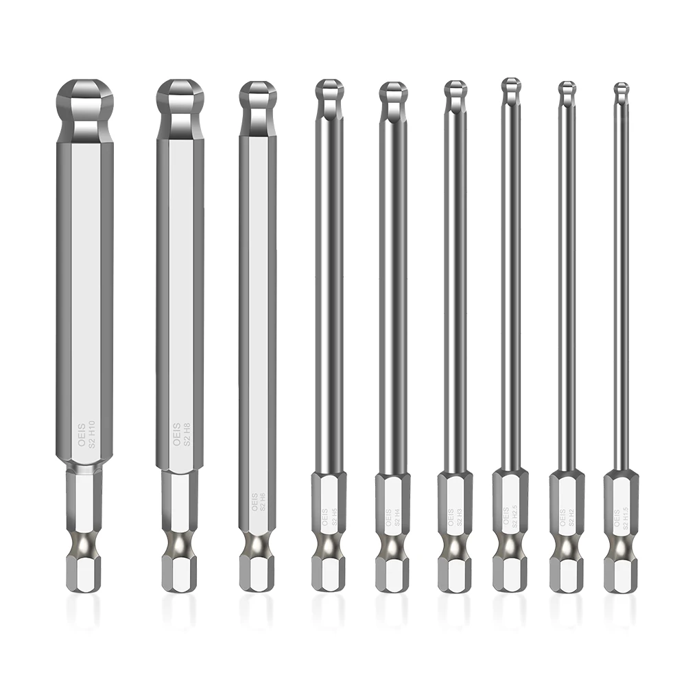 9pcs Ball End Hex Screwdriver Bits Set Metric Allen Hex Bit 100mm Long Magnetic Ball Head Driver Bit