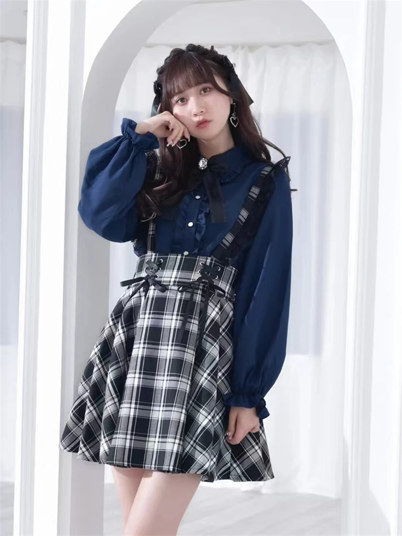 Japanese Style Lacework Bow Tie Sweet Long Puff Sleeve Blouse Sweet Cute Girls Single-Breasted Solid Color Top Bottoming Shirt