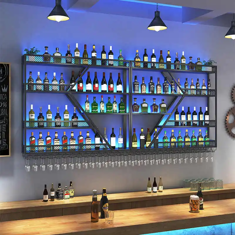 Wood Panel Wall-mounted Wine Rack Display Wrought Iron Wine Cabinet Metal Pine Hot Selling Solid Lighted for Bar & Restaurant