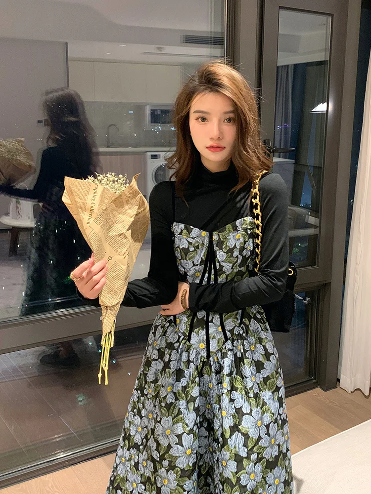 

Senior sense slip dress set female spring dress French retro heavy industry embroidery dress female